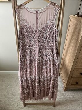 Beaded Ankle-Length Dress, Sheer Illusion Neckline, Dusted Petal/Ivory, Size 16